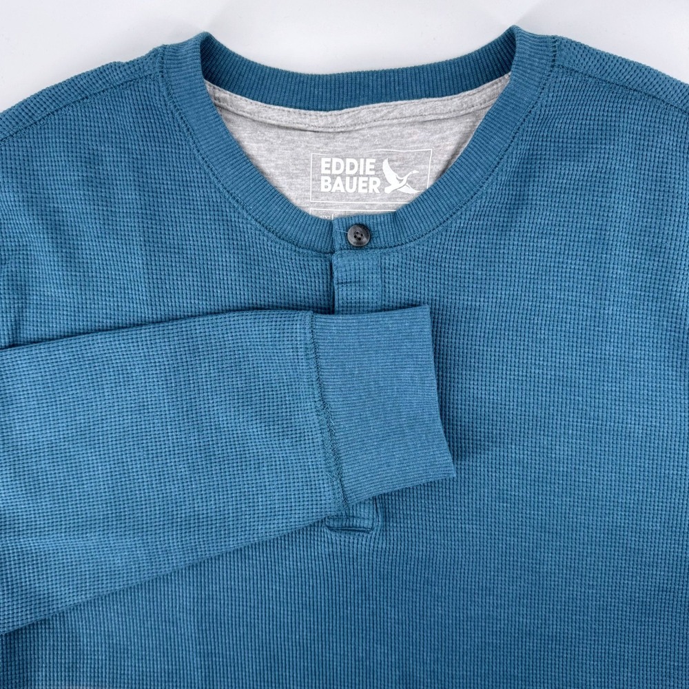 Eddie Bauer Mens Henley Shirt Large Blue Waffle‎ Knit Thermal Long Sleeve Cotton